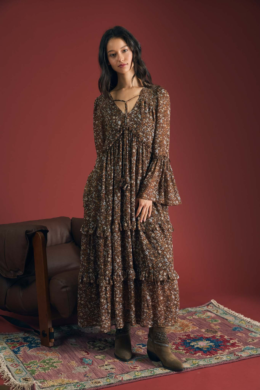 Brown Floral Organza Tunic Midi Dress