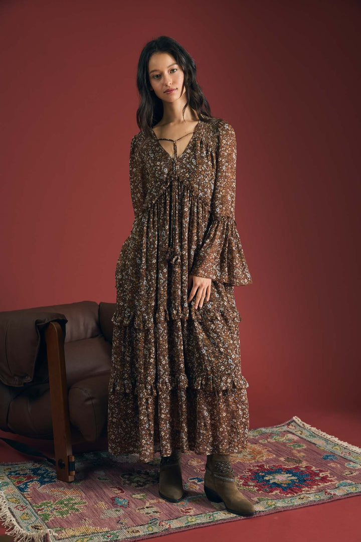 Brown Floral Organza Tunic Midi Dress