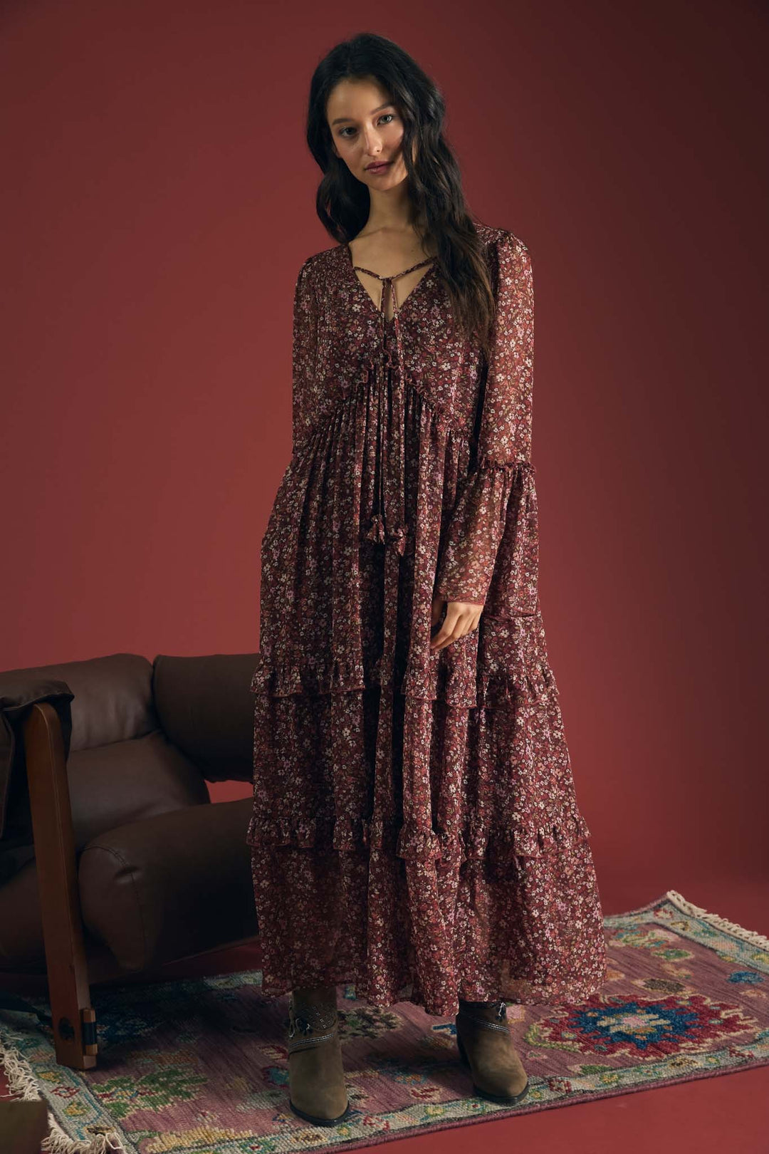 Burgundy Floral Organza Tunic Midi Dress