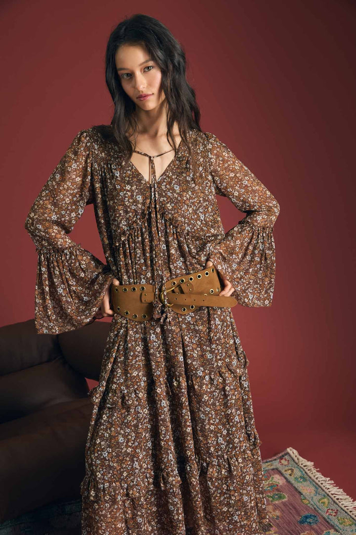 Brown Floral Organza Tunic Midi Dress