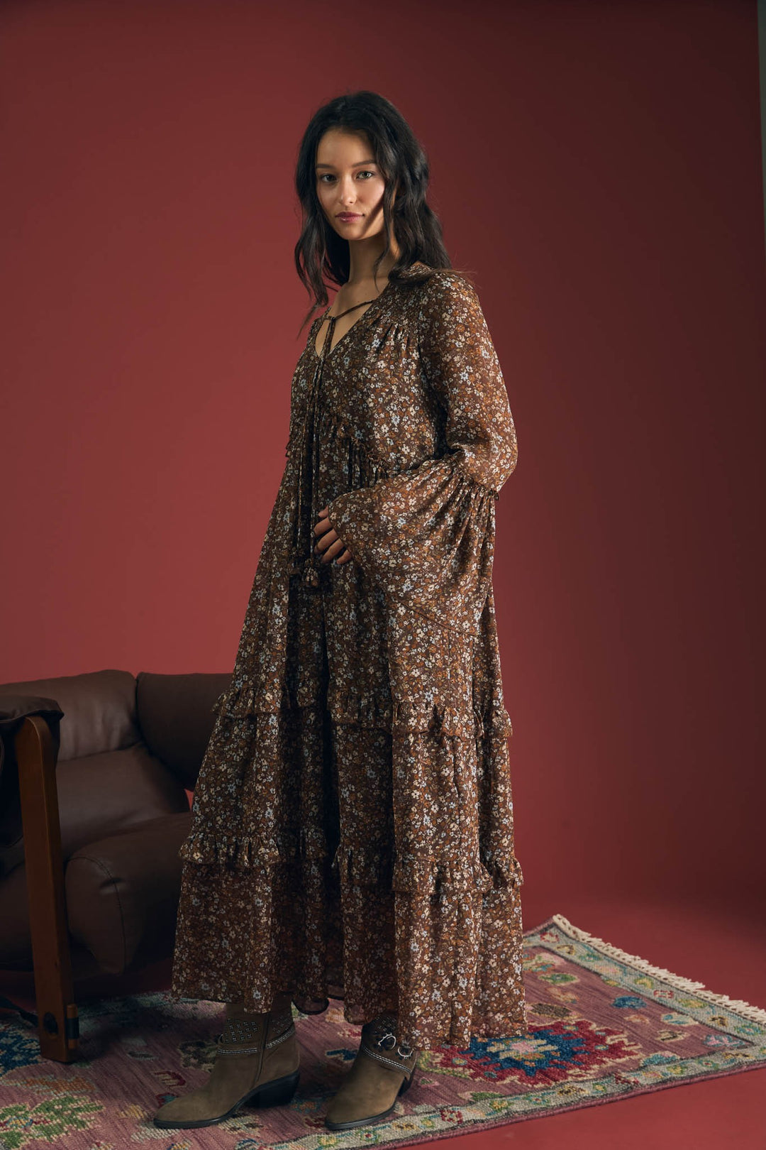 Brown Floral Organza Tunic Midi Dress