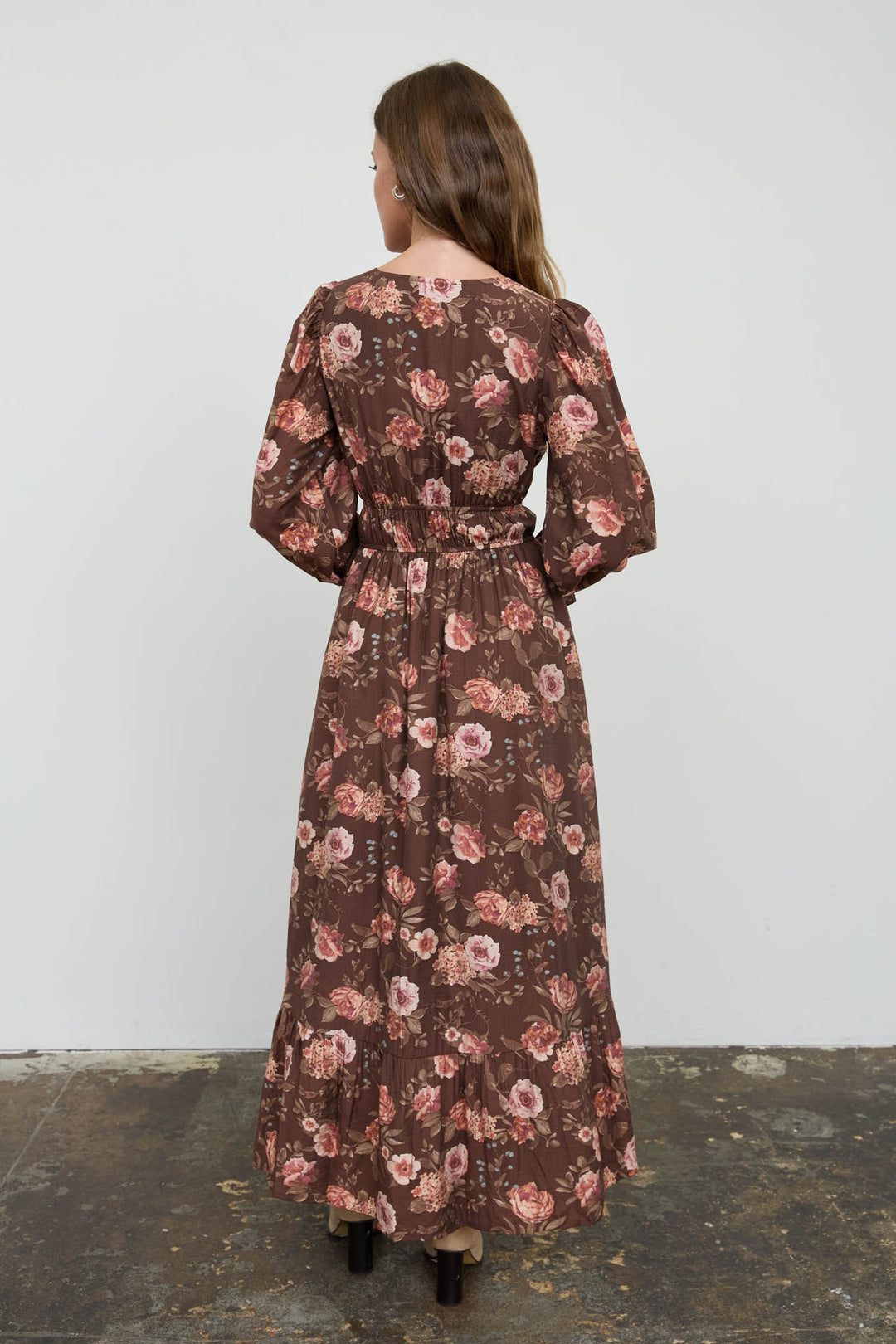 Brown Floral Ruffle Trim Midi Dress