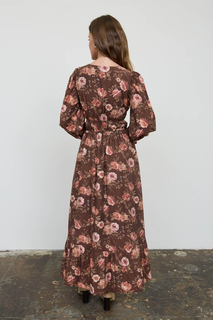 Brown Floral Ruffle Trim Midi Dress