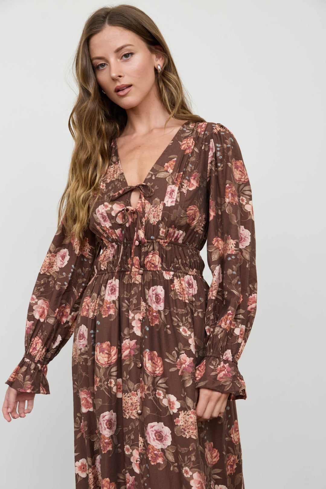 Brown Floral Ruffle Trim Midi Dress