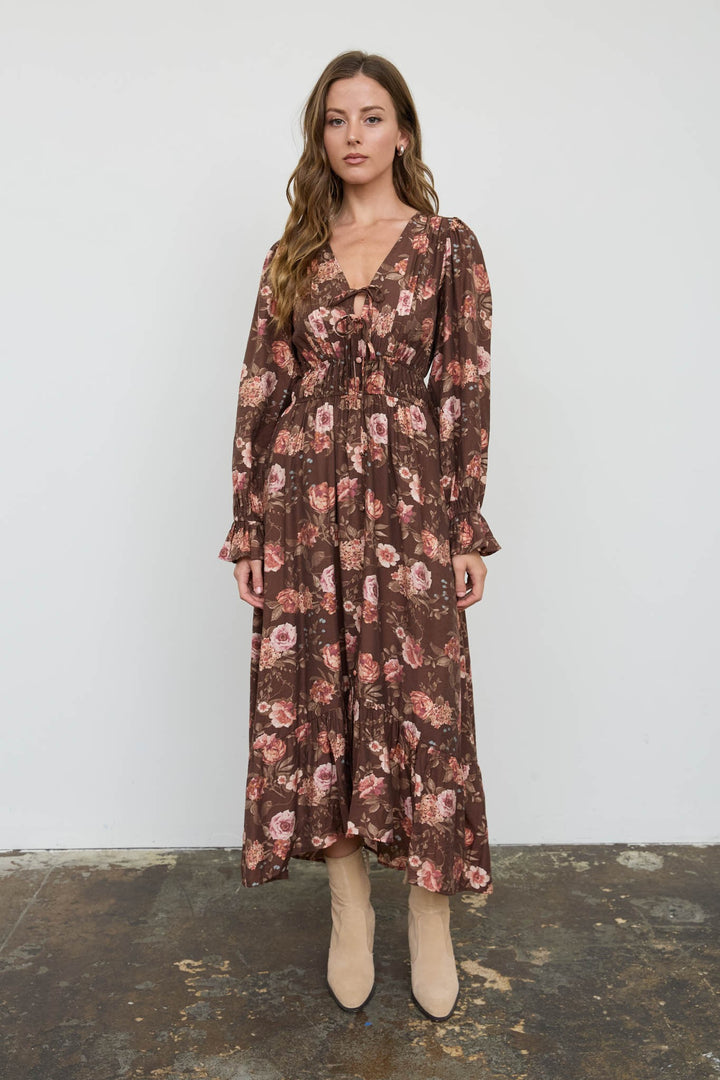 Brown Floral Ruffle Trim Midi Dress
