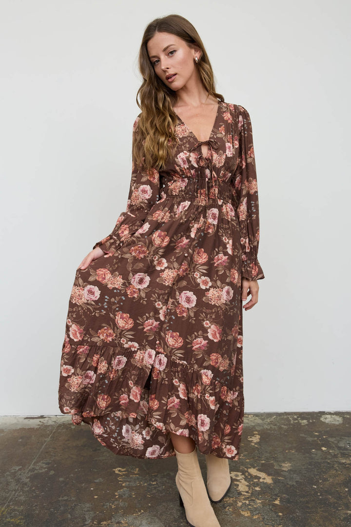 Brown Floral Ruffle Trim Midi Dress