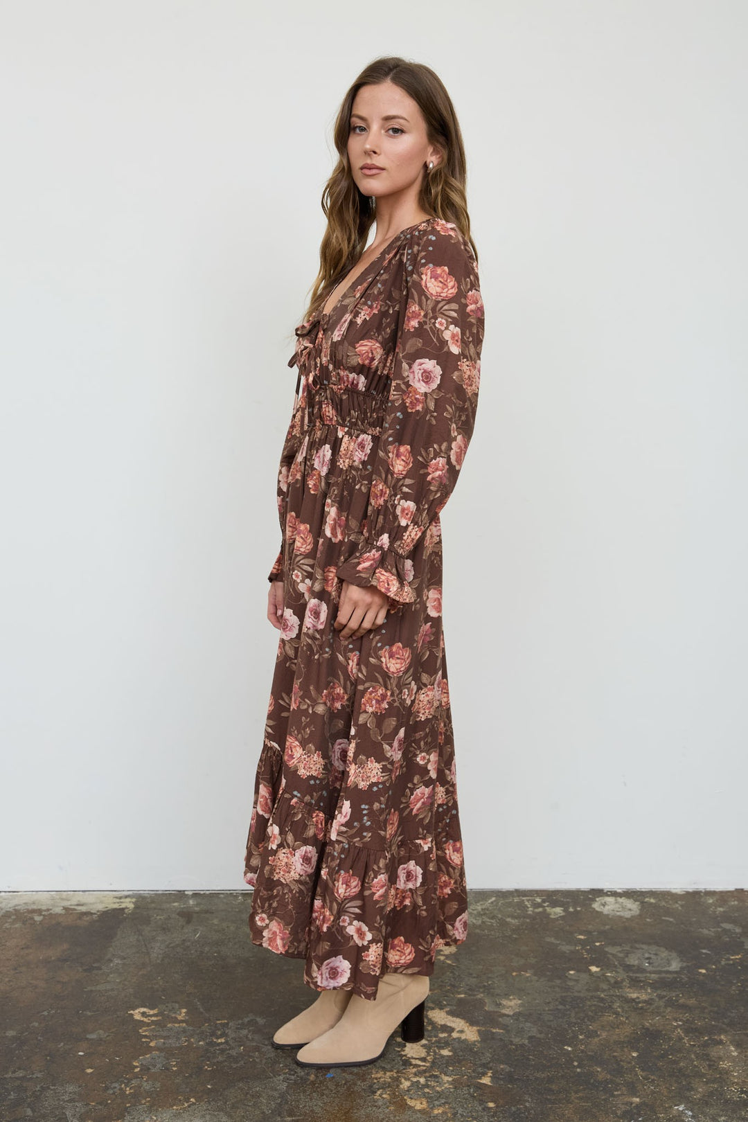 Brown Floral Ruffle Trim Midi Dress