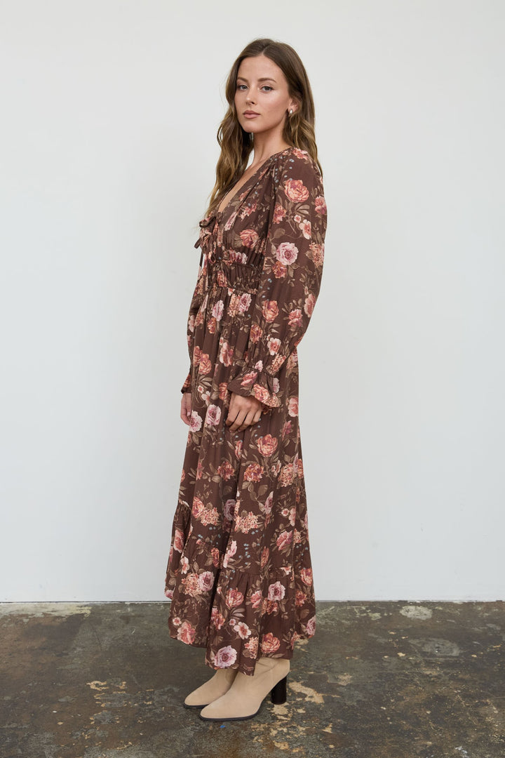 Brown Floral Ruffle Trim Midi Dress