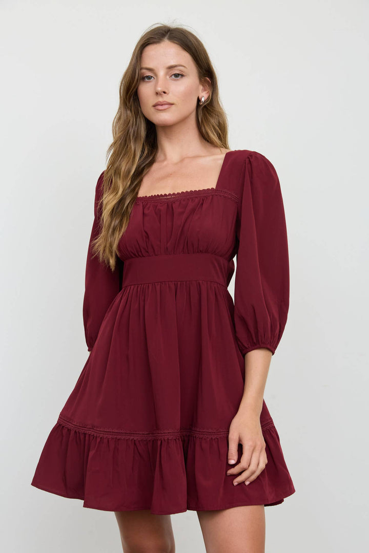 Burgundy Lace Trim Mini Dress