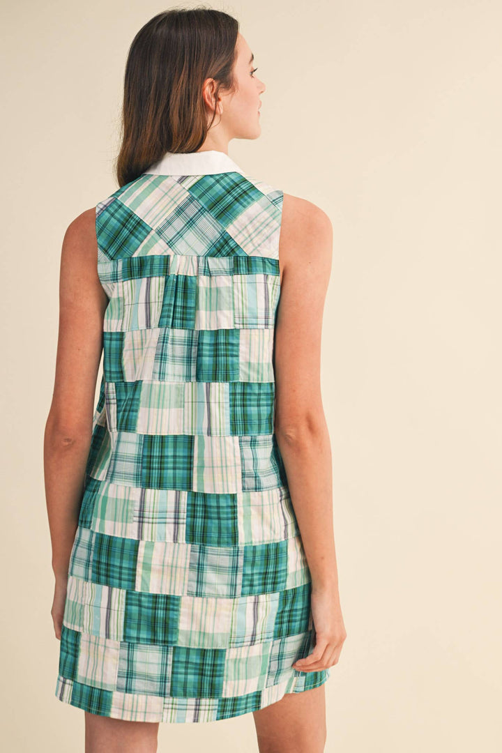 Teal Plaid Patchwork Mini Dress