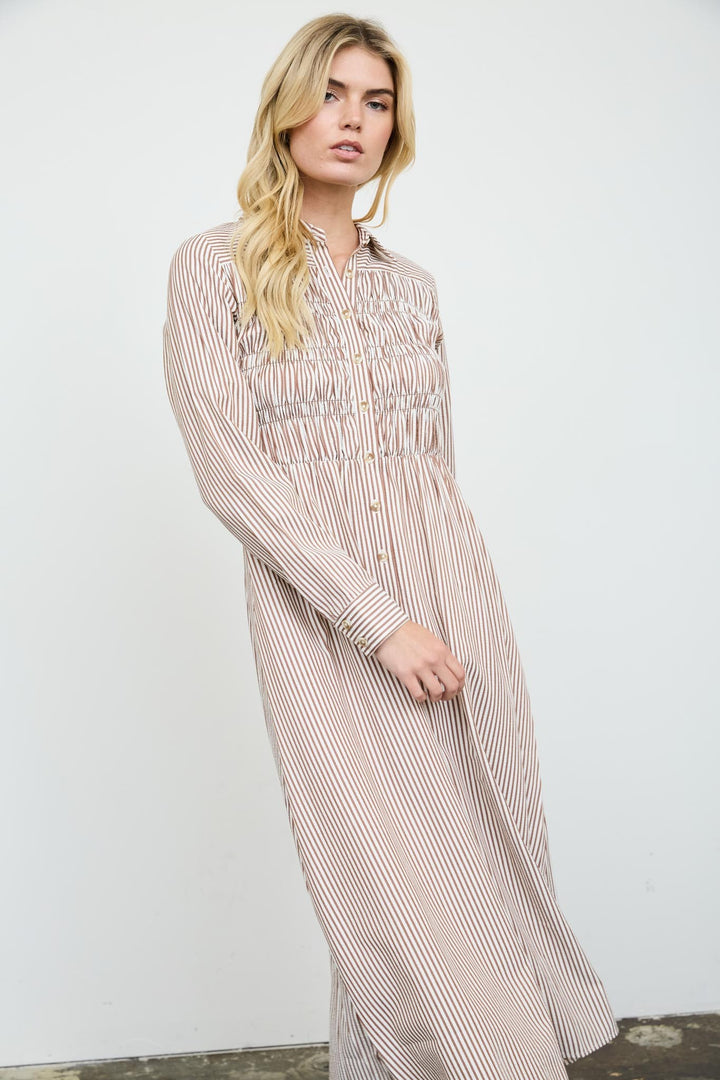 Brown Stripe Long Sleeve Shirt Dress