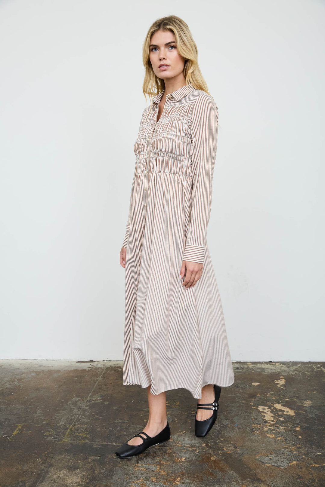 Brown Stripe Long Sleeve Shirt Dress