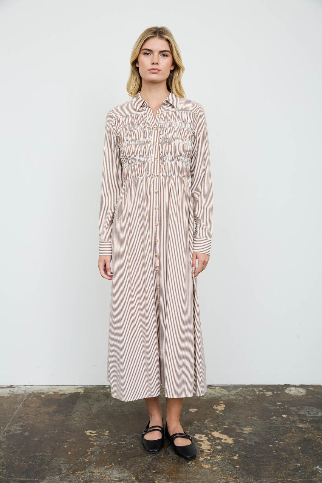 Brown Stripe Long Sleeve Shirt Dress