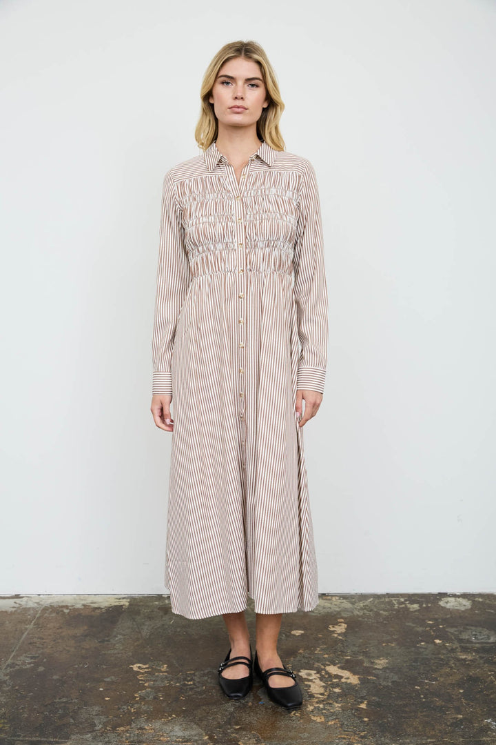 Brown Stripe Long Sleeve Shirt Dress