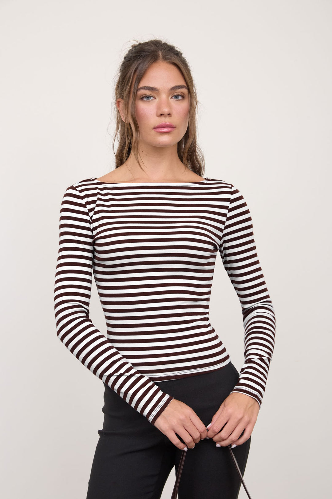 Brown Stripe Boat Neck Knit Top