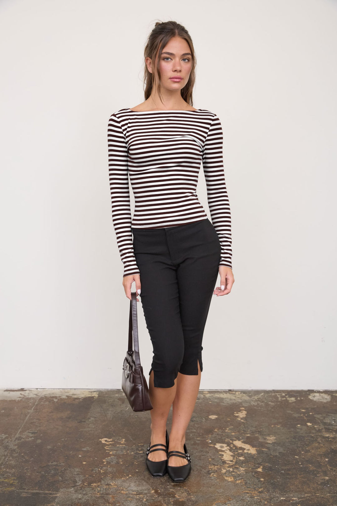Brown Stripe Boat Neck Knit Top