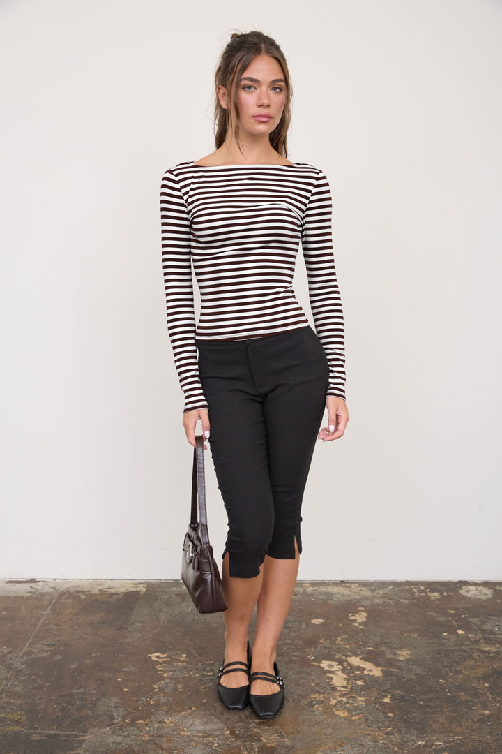 Brown Stripe Boat Neck Knit Top