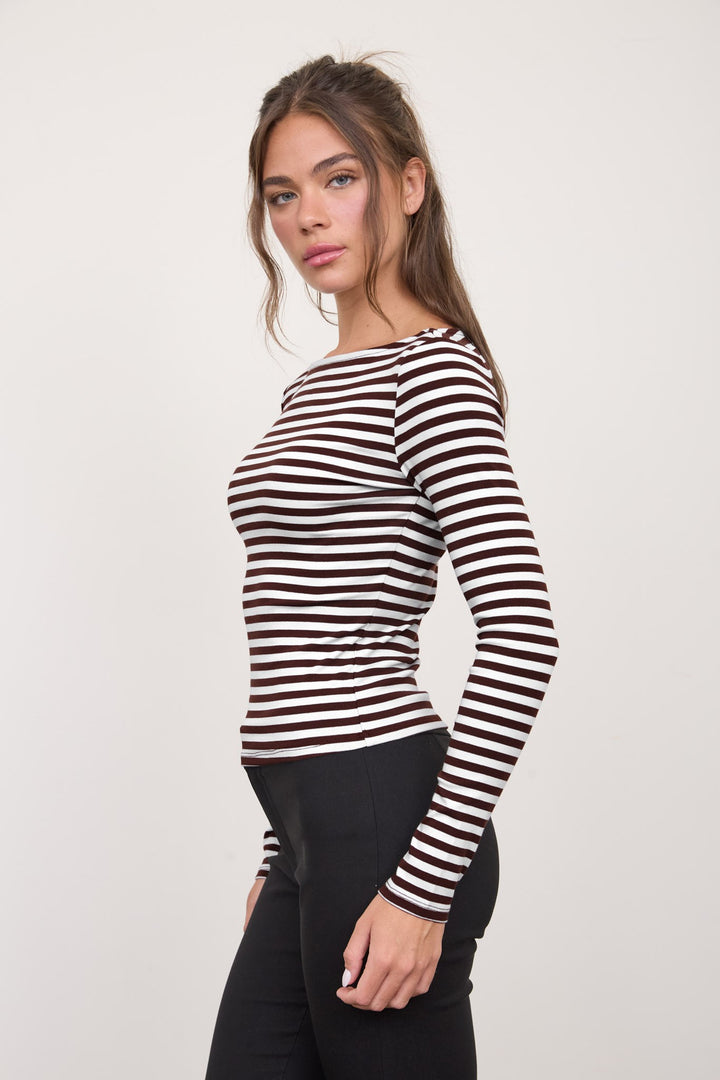 Brown Stripe Boat Neck Knit Top