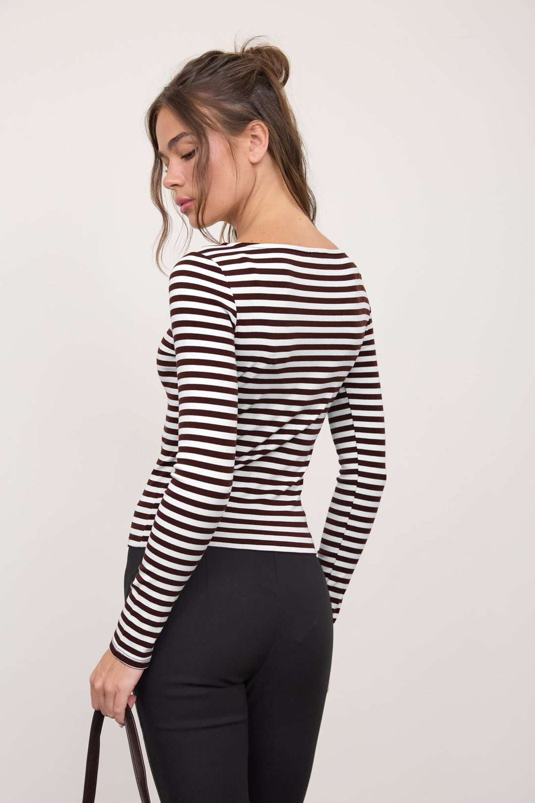 Brown Stripe Boat Neck Knit Top