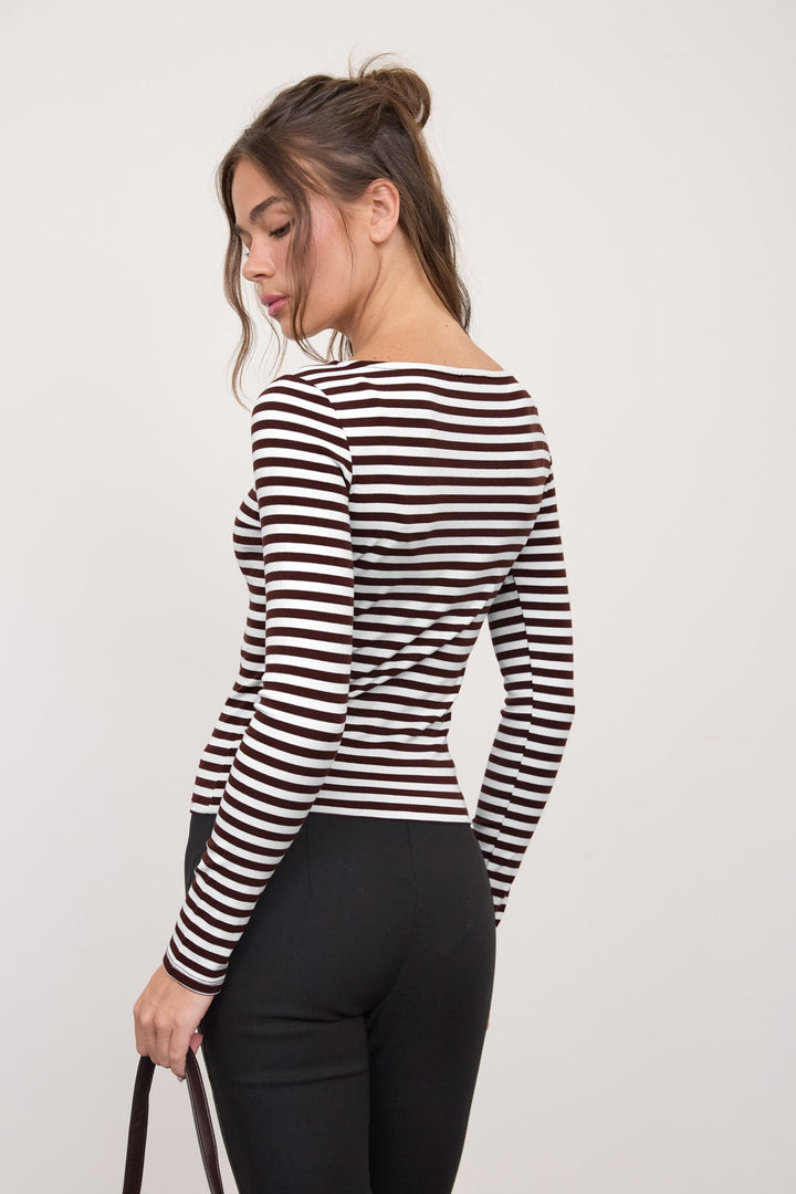 Brown Stripe Boat Neck Knit Top