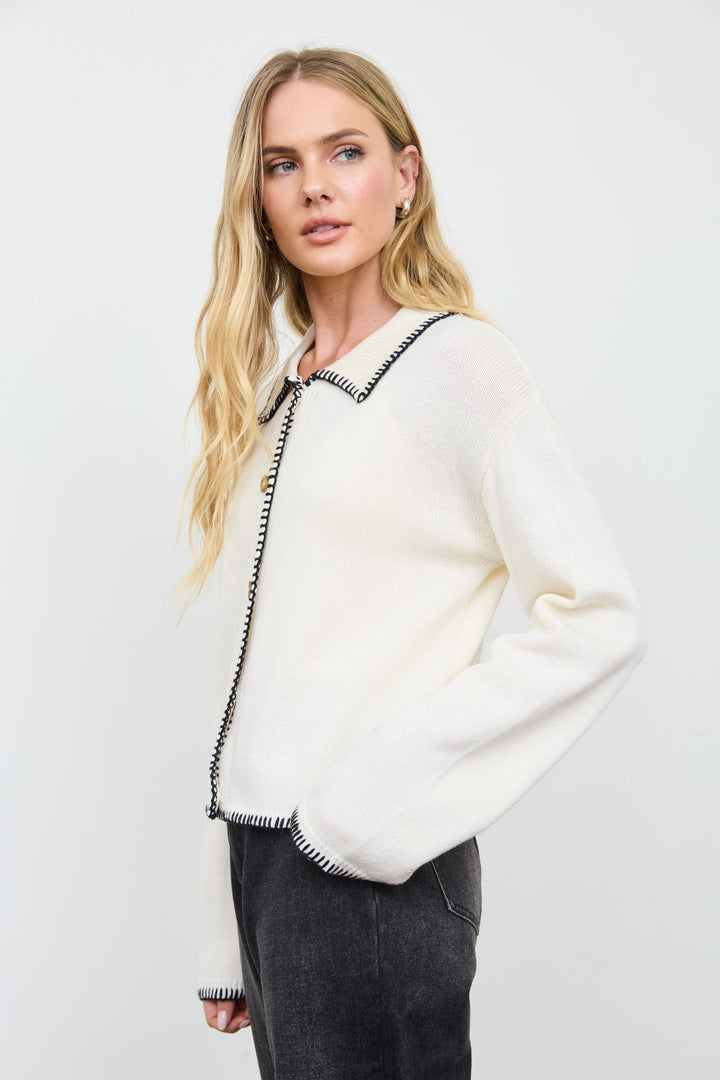 White Whipstitch Collared Cardigan