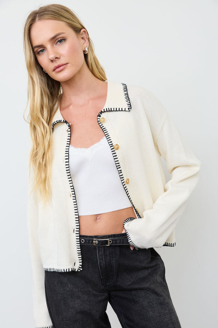 White Whipstitch Collared Cardigan