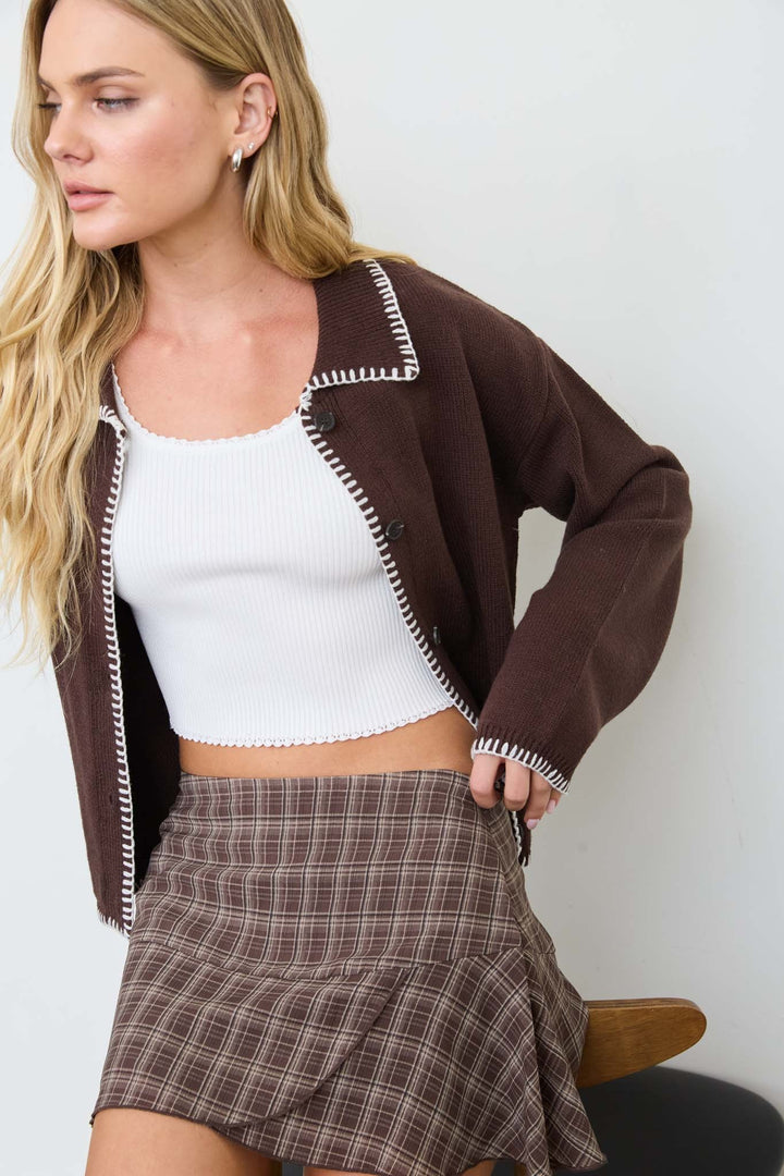 Chocolate Whipstitch Collared Cardigan