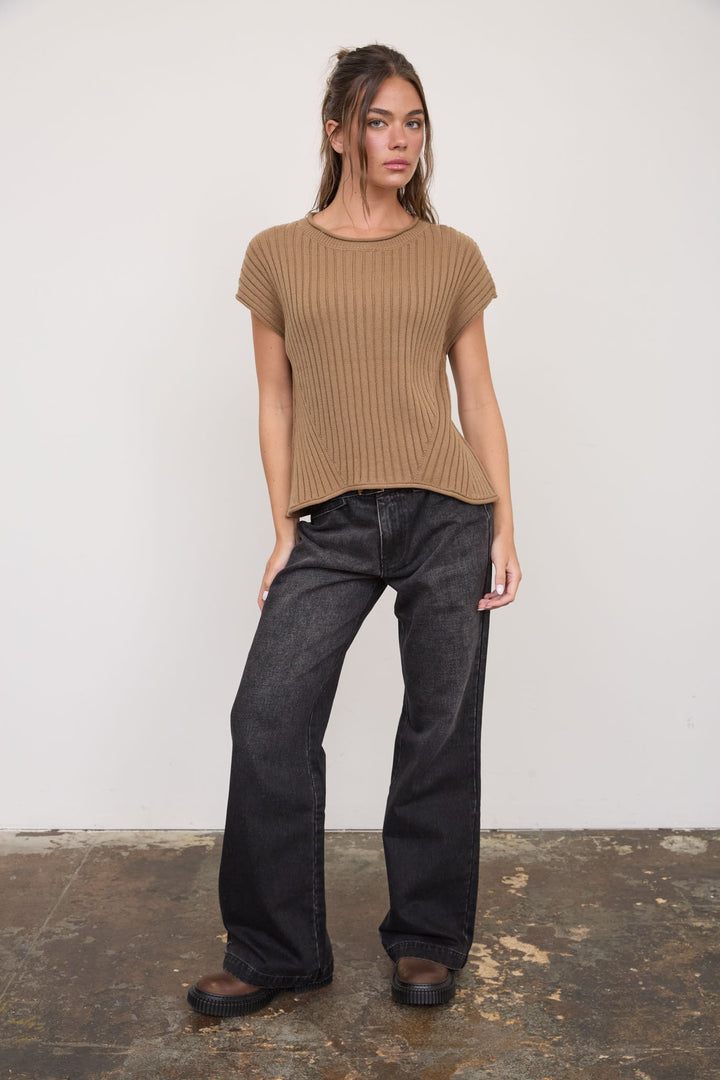 Deep Taupe Ribbed Short Sleeve Pullover