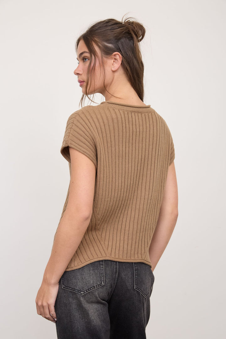 Deep Taupe Ribbed Short Sleeve Pullover