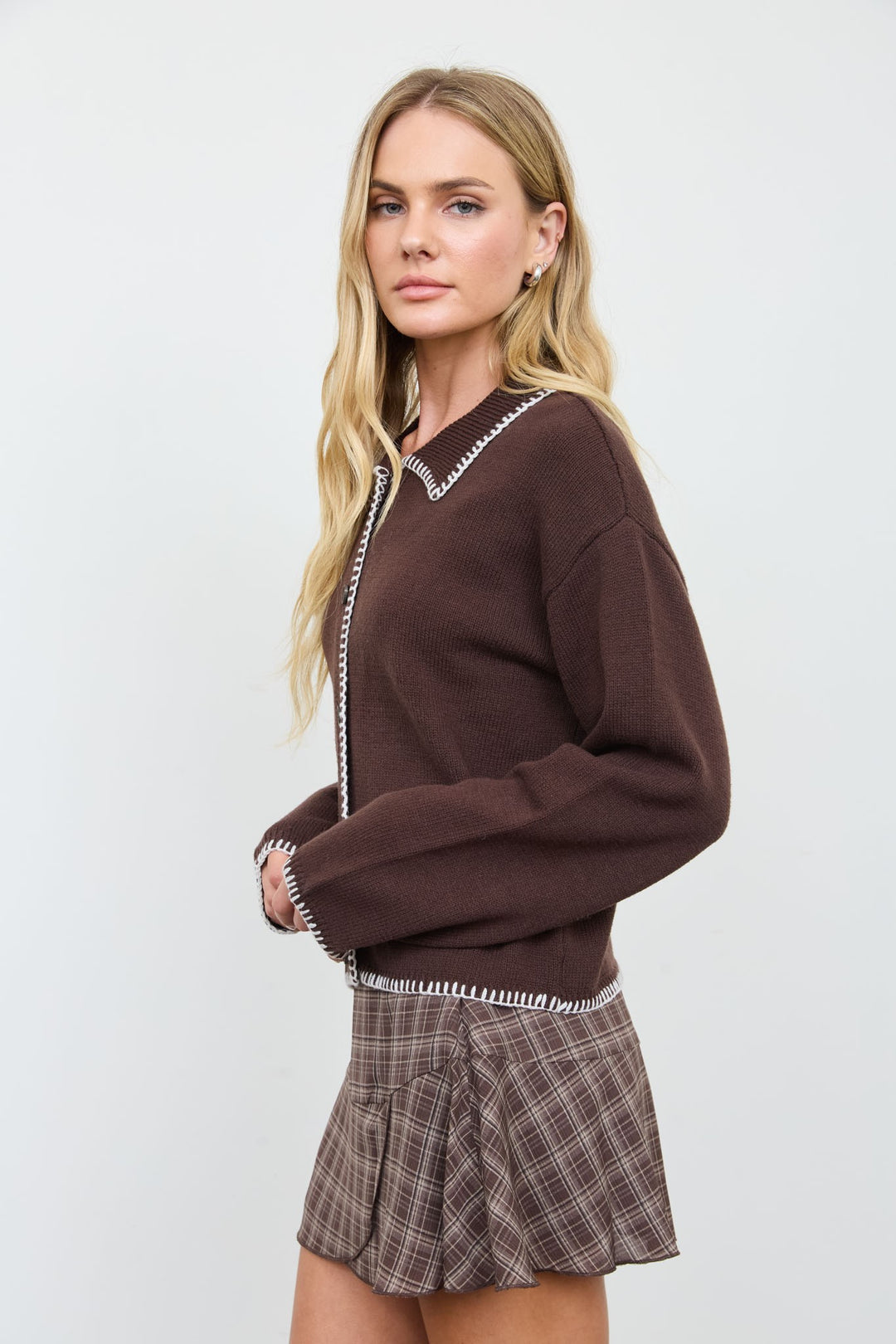 Brown Whipstitch Trim Collared Cardigan