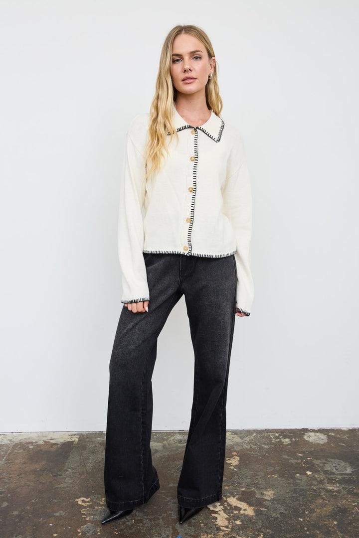 Cream Whipstitch Trim Collared Cardigan