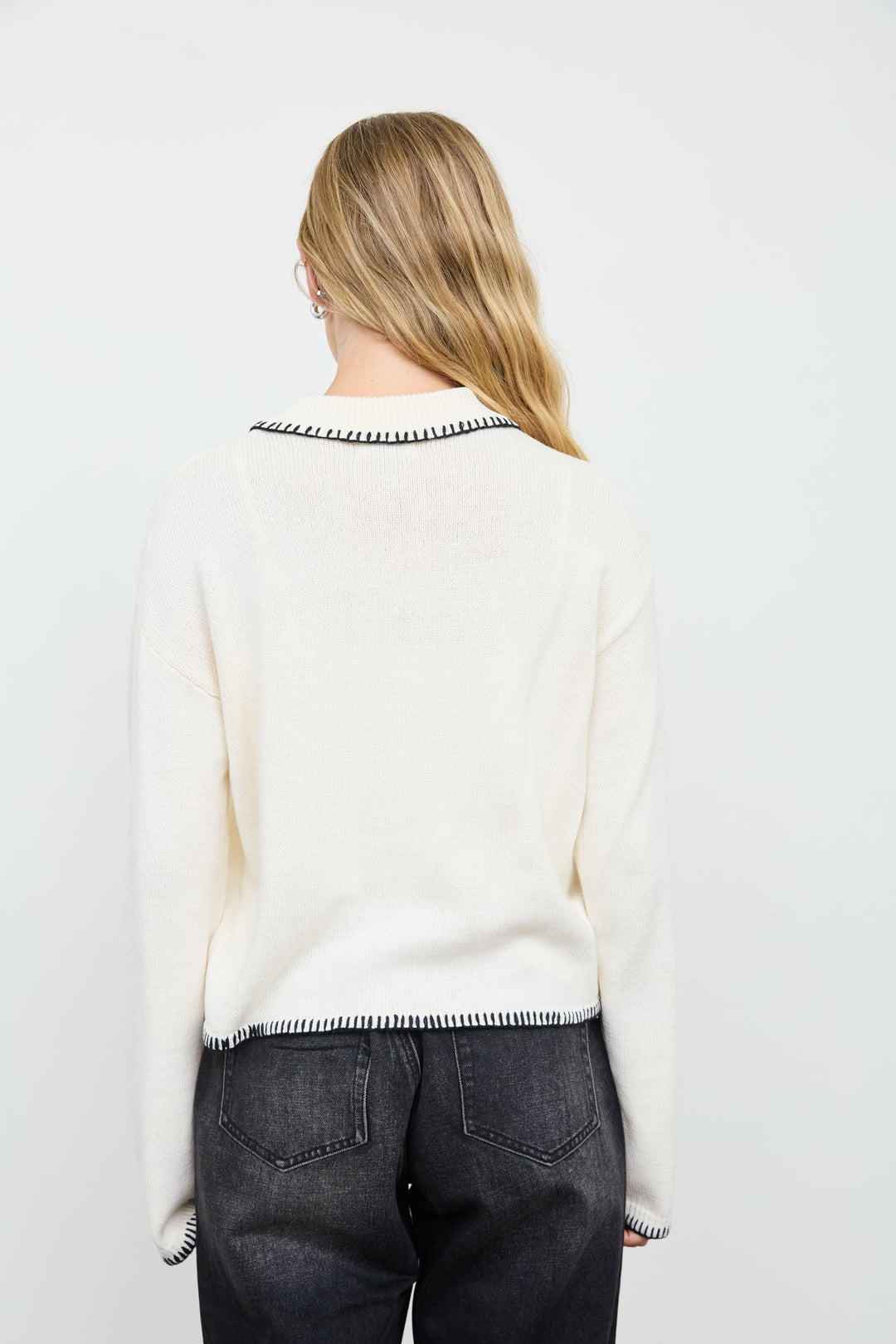 Cream Whipstitch Trim Collared Cardigan