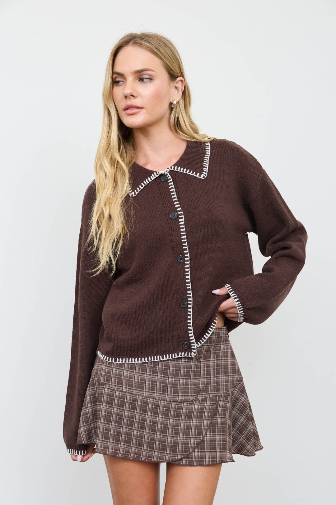 Brown Whipstitch Trim Collared Cardigan