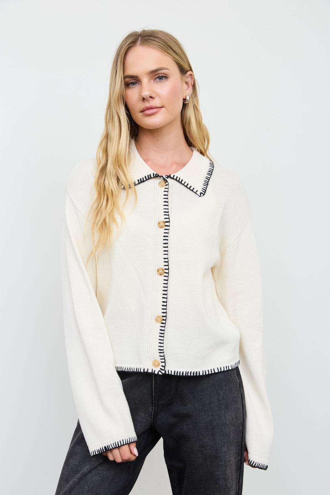 Cream Whipstitch Trim Collared Cardigan