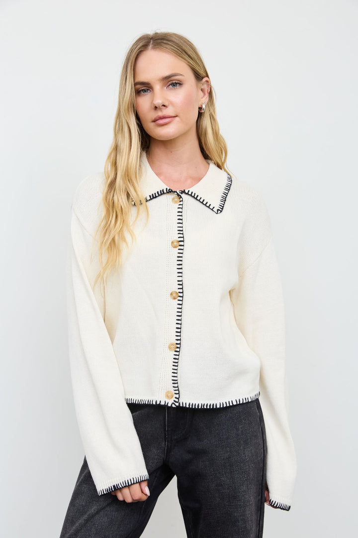 Cream Whipstitch Trim Collared Cardigan