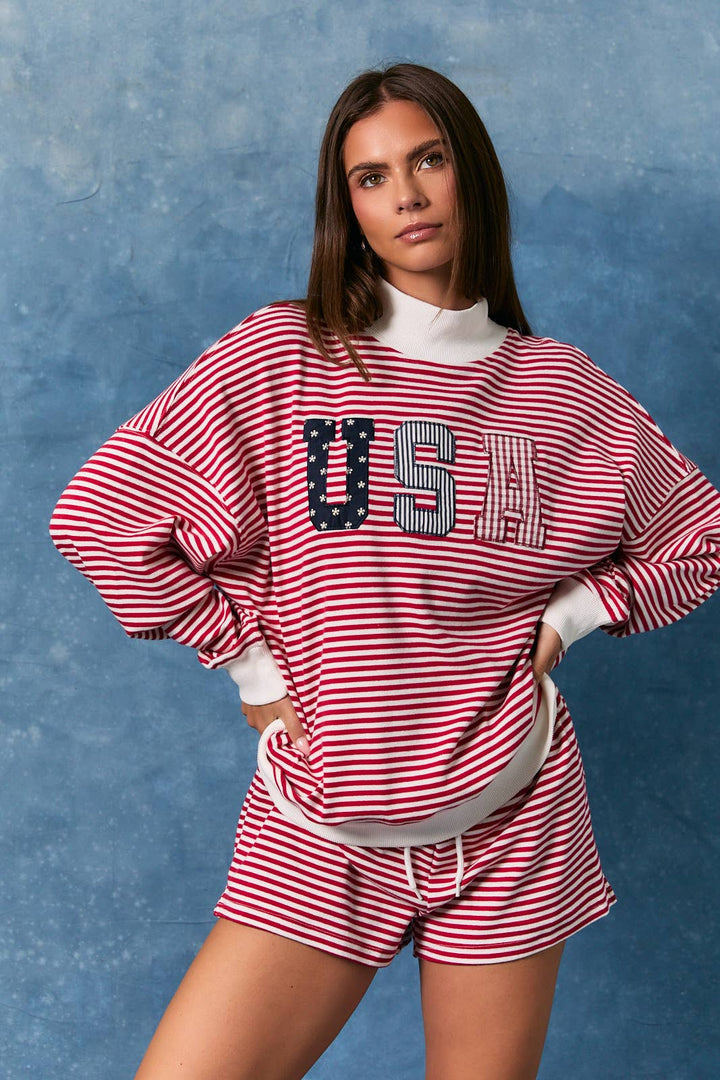 Red Striped USA Mock Neck Sweatshirt