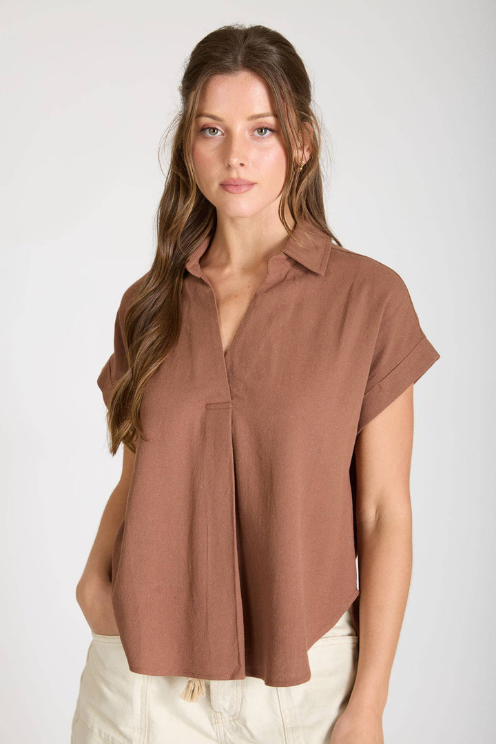 Almond Collared Cuff Sleeve Linen Top