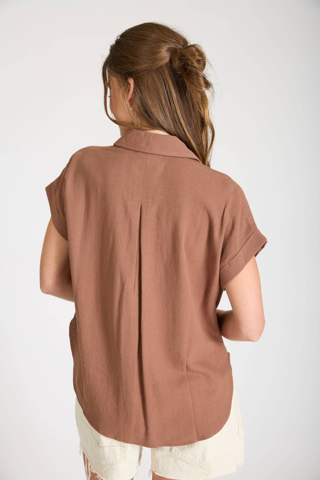Almond Collared Cuff Sleeve Linen Top