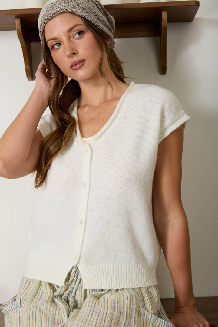 Cream Sleeveless Cardigan Sweater