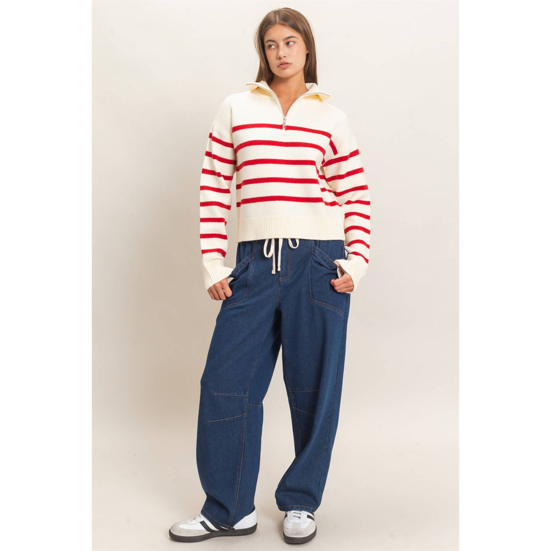 Red Stripe Half-Zip Collared Sweater