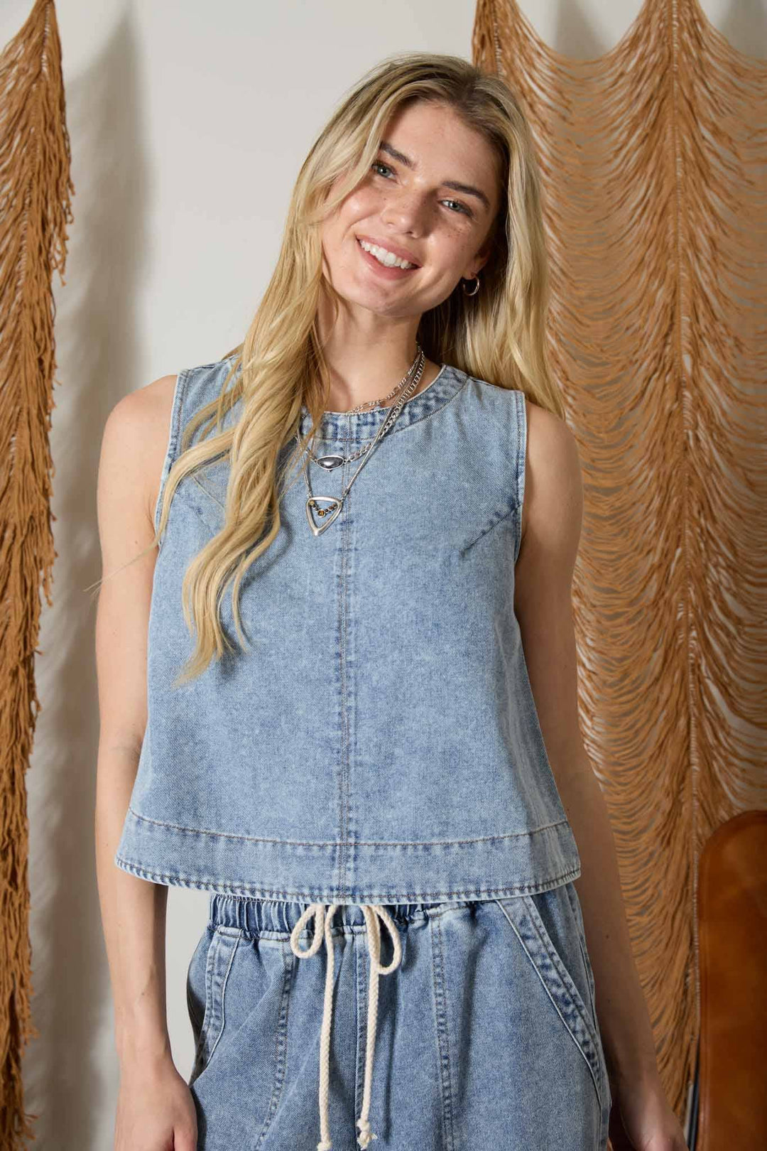 Denim Button Back Sleeveless Top