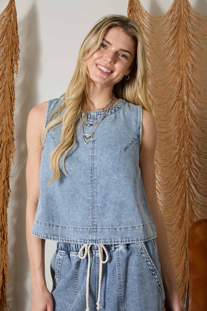 Denim Button Back Sleeveless Top