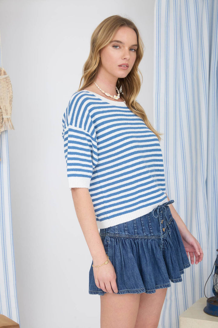Blue Stripe Short Sleeve Sweater