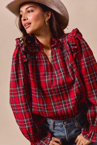 Red Plaid Ruffle Smocked Blouse