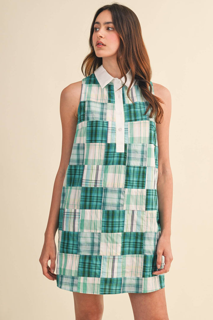 Teal Plaid Patchwork Mini Dress