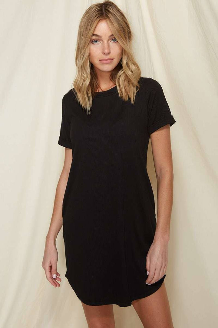 Black Rib Knit Tee Dress