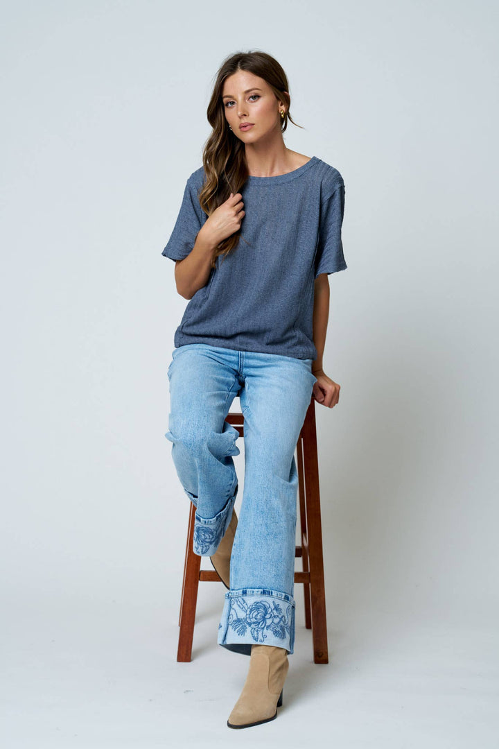 Dusty Blue Exposed Seam Dolman Top