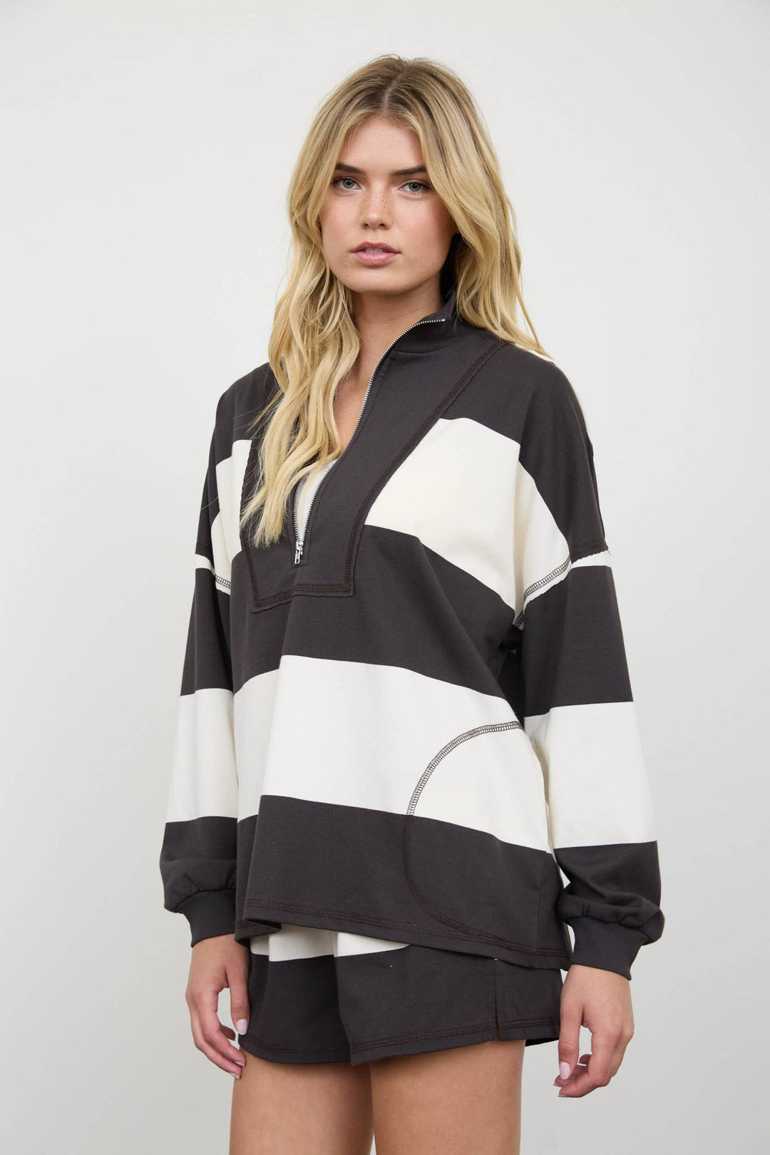 Charcoal Wide Stripe Half Zip Top
