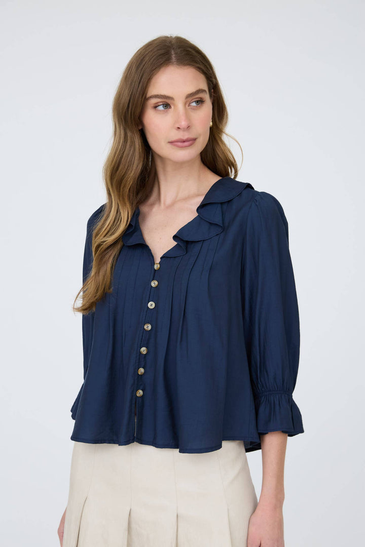 Navy Ruffled Button Down Blouse
