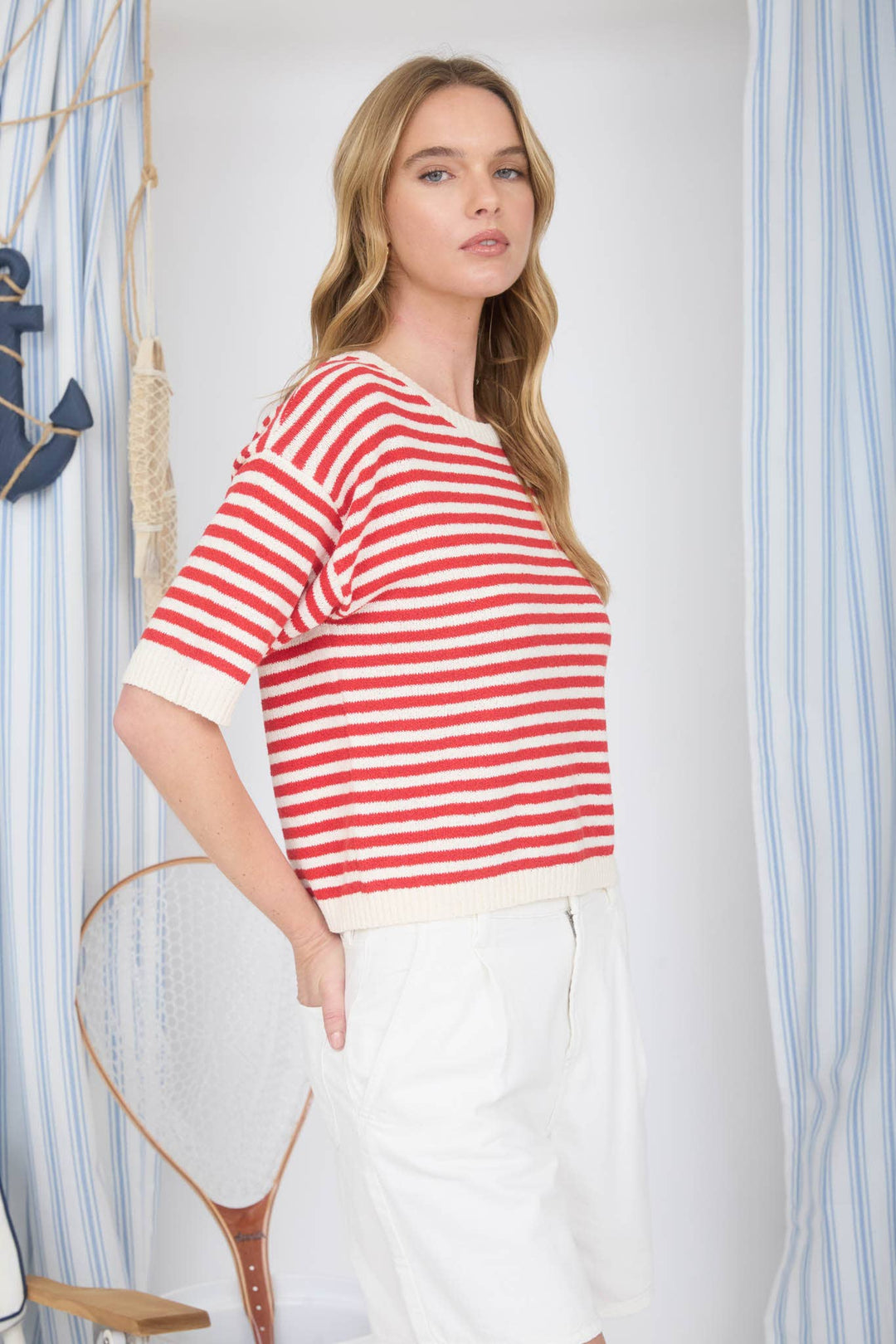 Red Stripe Short Sleeve Sweater